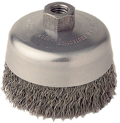 Weiler® Crimped Wire Cup Brush, 4 in Dia., 5/8-11 UNC Arbor, .02 Steel Wire, 14036