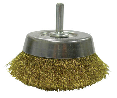 Weiler® Stem-Mounted Crimped Wire Cup Brush, 2 3/4 in Dia., .0118 Brass Wire, 14311