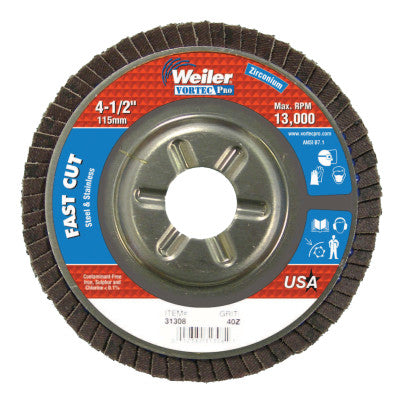 Weiler® Vortec Pro Abrasive Flap Discs,4.5", 40 Grit, 7/8 Arbor, 13,000 rpm, Alum Back, 31308