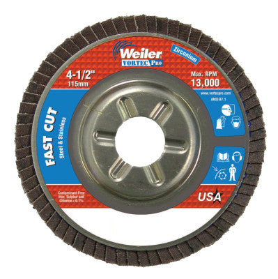Weiler® Vortec Pro Abrasive Flap Discs,4.5", 60 Grit, 7/8 Arbor, 13,000 rpm, Alum Back, 31309