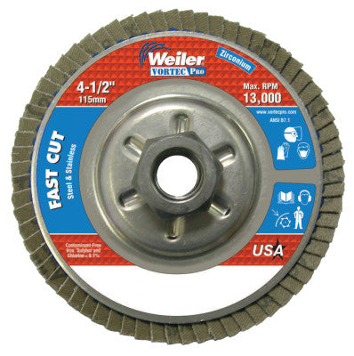 Weiler® Vortec Pro Abrasive Flap Discs,4.5", 36 Grit, 5/8 Arbor, 13,000 rpm, Alum Back, 31313