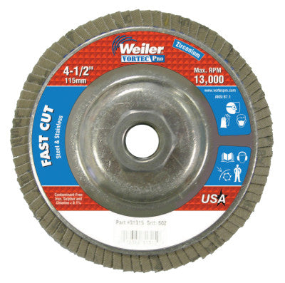Weiler® Vortec Pro Abrasive Flap Discs,4.5", 60 Grit, 5/8 Arbor, 13,000 rpm, Alum Back, 31315
