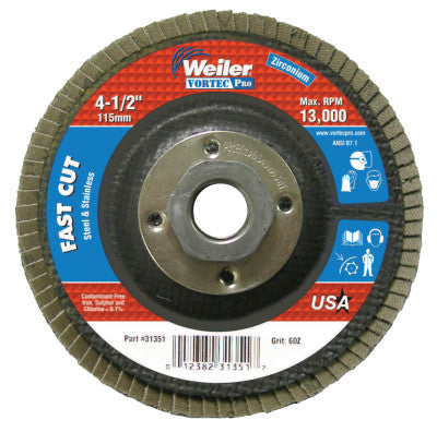 Weiler® Vortec Pro Abrasive Flap Discs,4.5", 60 Grit, 5/8 Arbor, 13,000 rpm, Phenolic, 31351