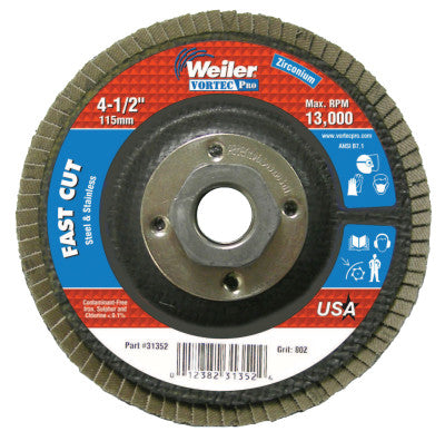 Weiler® Vortec Pro Abrasive Flap Discs,4.5", 80 Grit, 5/8 Arbor, 13,000 rpm, Phenolic, 31352