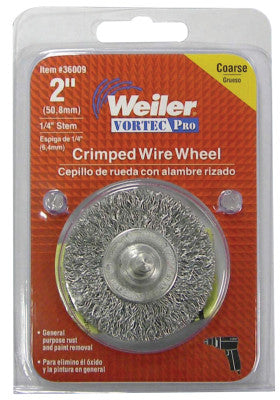 Weiler® Vortec Pro® Stem Mounted Crimped Wire Wheel, 3 in D, .014 Steel, Retail Pack, 36011