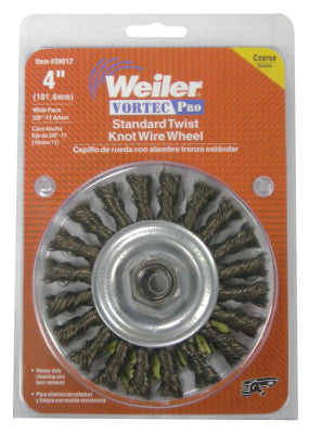 Weiler® Vortec Pro Knot Wire Wheel, 4 in Dia, .014 Carbon Steel, 5/8-11 Arbor, Retail Pk, 36012