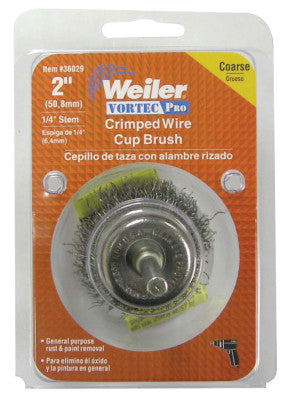 Weiler® Vortec Pro Stem Mounted Crimped Wire Cup Brush, 3 in Dia., .014 in Carbon Steel, 36230