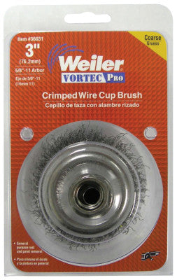 Weiler® Vortec Pro Crimped Wire Cup Brush, 3" Dia, 5/8-11, 0.014" Carbon Steel, Display, 36031