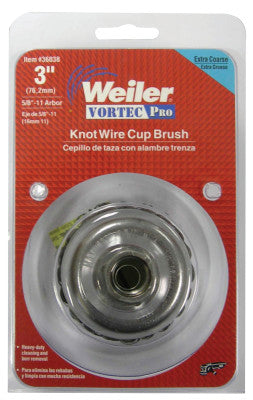 Weiler® Vortec Pro® Knot Wire Cup Brush, 3 in Dia., 5/8-11 Arbor, .02 Carbon Steel Wire, 36238