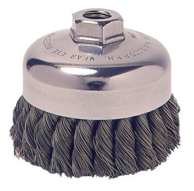 Weiler® Vortec Pro Knot Wire Cup Brush, 4 in Dia., 5/8-11, .025 in Steel, Display Pack, 36044