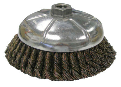 Weiler® Vortec Pro Knot Wire Cup Brush, 6 in Dia., 5/8-11, .025 in Steel, Display Pack, 36045