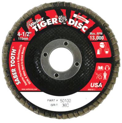 Weiler® Saber Tooth Ceramic Flap Discs, 4 1/2 in, 36 Grit, 7/8 in Arbor, 13,000 rpm, 50100