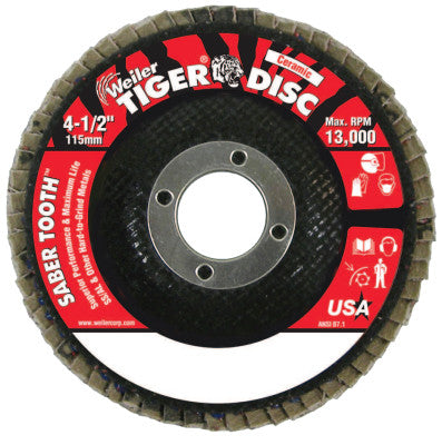 Weiler® Saber Tooth Ceramic Flap Discs, 4 1/2 in, 40 Grit, 7/8 in Arbor, 13,000 rpm, 50101