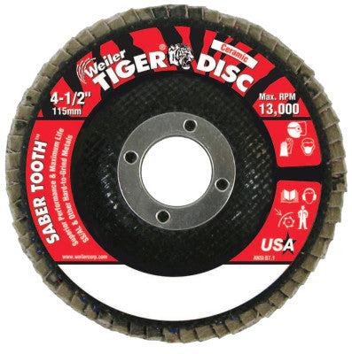 Weiler® Saber Tooth Ceramic Flap Discs, 4 1/2 in, 80 Grit, 7/8 in Arbor, 13,000 rpm, 50103
