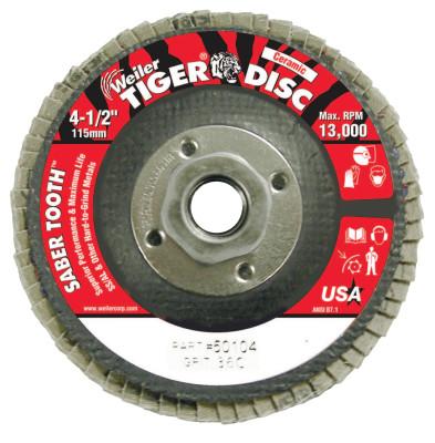 Weiler® Saber Tooth Ceramic Flap Discs, 4 1/2 in, 36 Grit, 5/8 Arbor, 13,000 rpm, 50104