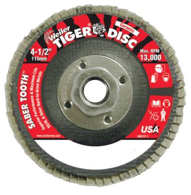 Weiler® Saber Tooth Ceramic Flap Discs, 4 1/2 in, 60 Grit, 5/8 in Arbor, 13,000 rpm, 50106