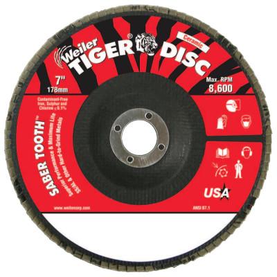 Weiler® Saber Tooth Ceramic Flap Discs, 7 in, 36 Grit, 7/8 in Arbor, 12,000 rpm, 50108