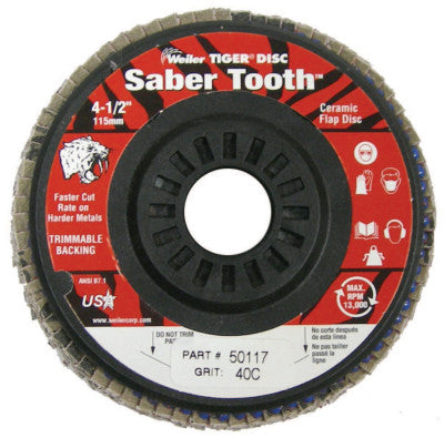 Weiler® Saber Tooth Trimmable Ceramic Flap Discs, 4 1/2", 40 Grit, 7/8 Arbor, 13,000 rpm, 50117