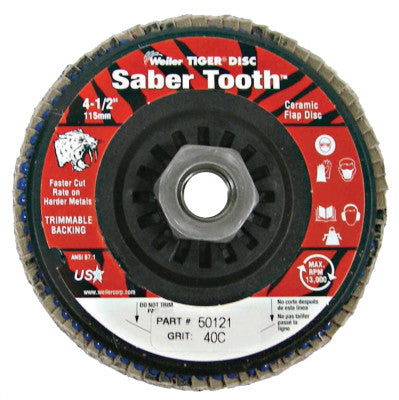 Weiler® Saber Tooth Trimmable Ceramic Flap Discs, 4 1/2", 40 Grit, 5/8 Arbor, 13,000 rpm, 50121