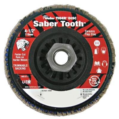 Weiler® Saber Tooth™ Trimmable Ceramic Flap Discs, 4 1/2 in, 60 Grit, 5/8 Arbor, 13,000 rpm, 50122