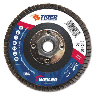 Weiler® Tiger® Saber Tooth™ Ceramic High Density Abrasive, 4-1/2 in dia, 40 Grit, 5/8 in-11 UNC Nut, 13,000 RPM, Type 27, 50133