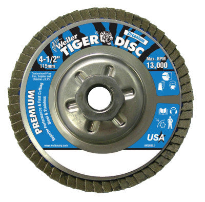 Weiler® Tiger Disc Angled Style Flap Discs, 4 1/2 in, 120 Grit, 5/8 Arbor, Aluminum Back, 50509