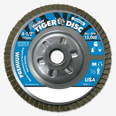 Weiler® Tiger Disc Angled Style Flap Discs, 4 1/2 in, 24 Grit, 5/8 Arbor, Aluminum Back, 50510