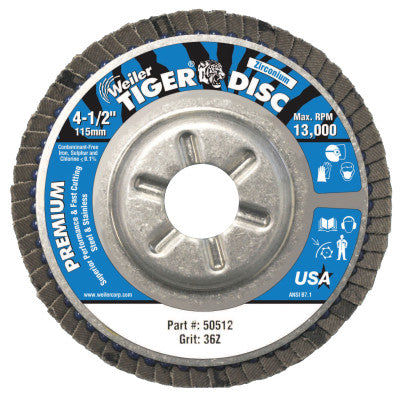 Weiler® Tiger Disc Angled Style Flap Discs, 4 1/2 in, 36 Grit, 7/8 Arbor, Aluminum Back, 50512