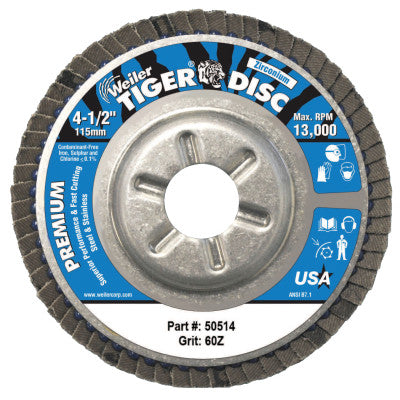 Weiler® Tiger Disc Angled Style Flap Discs, 4 1/2", 60 Grit, 7/8 Arbor, Aluminum Back, 50514