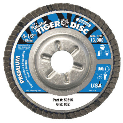 Weiler® Tiger Disc Angled Style Flap Discs, 4 1/2", 80 Grit, 7/8 Arbor, Aluminum Back, 50515