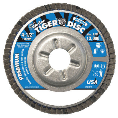Weiler® Tiger Disc Angled Style Flap Discs, 4 1/2 in, 120 Grit, 7/8 Arbor, Aluminum Back, 50516