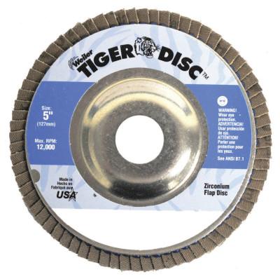 Weiler® Tiger® Disc Angled Style Flap Discs, 5 in, 80 Grit, 7/8 Arbor, Aluminum Back, 50525