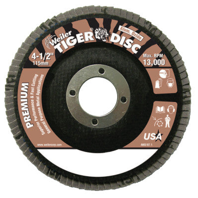 Weiler® Tiger Disc Angled Style Flap Discs, 4 1/2 in, 36 Grit, 7/8 Arbor, Phenolic Back, 50562