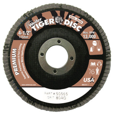 Weiler® Tiger Disc Angled Style Flap Discs, 4 1/2 in,80 Grit,7/8 Arbor,Phenolic Back, 50565