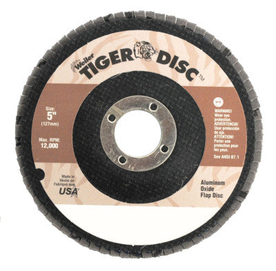 Weiler® Tiger® Disc Angled Style Flap Discs,5 in,80Grit,7/8 Arbor,Phenolic Back,Alum Oxid, 50575