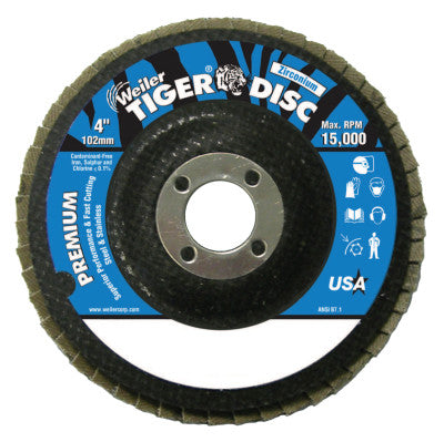 Weiler® Tiger® Disc Angled Style Flap Discs,4 in,80 Grit,5/8 Arbor,Phenolic Back,Zirconium, 50595