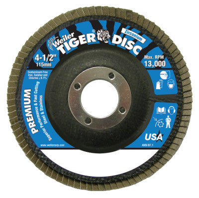 Weiler® Tiger Disc Angled Style Flap Discs, 4 1/2 in, 120 Grit, 7/8 Arbor, Phenolic Back, 50606