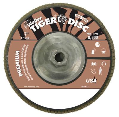 Weiler® Tiger Disc Angled Style Flap Discs, 7 in Dia, 60 Grit, 5/8-11 in Arbor, 8600 rpm, 50634