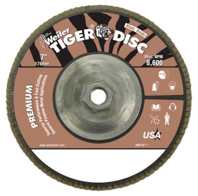 Weiler® Tiger® Disc Angled Style Flap Discs,7 in,80 Grit,5/8 Arbor,Phenolic Back,Alum Oxide, 50635