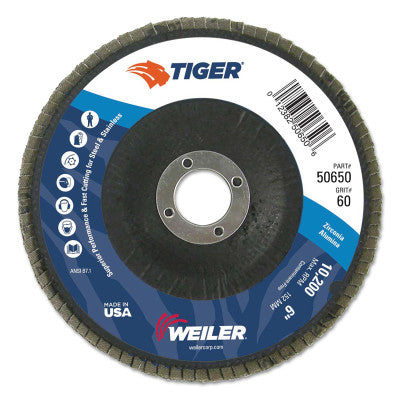 Weiler® Tiger Disc Abrasive Flap Discs, 6",60 Grit, 7/8 Arbor, 10,200 rpm, Phenolic Back, 50650