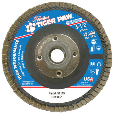 Weiler® Tiger Paw™ Coated Abrasive Flap Disc, 4-1/2 in, 80 Grit, 5/8 Arbor, Phenolic Back, 51115
