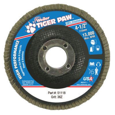 Weiler® Tiger Paw™ TY29 Coated Abrasive Flap Disc, 4 1/2",36 Grit, 7/8 Arbor, 13,000 RPM, 51118