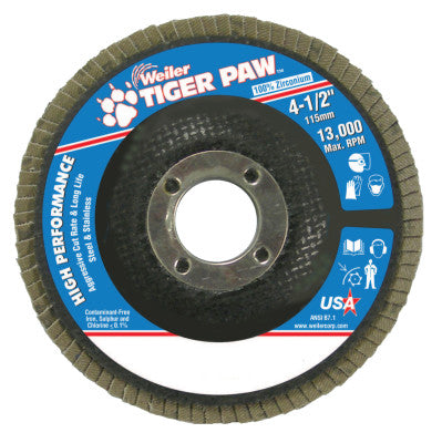 Weiler® Tiger Paw™ TY29 Coated Abrasive Flap Disc, 4 1/2 in ,40 Grit, 7/8 Arbor, 13,000 RPM, 51119