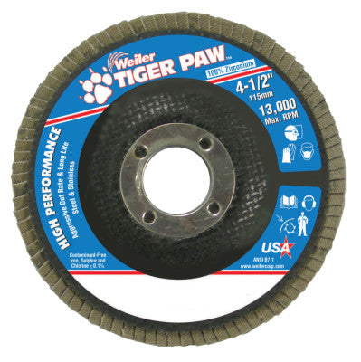 Weiler® Tiger Paw™ TY29 Coated Abrasive Flap Disc, 4-1/2 in, 60 Grit, 7/8 Arbor, 13,000 RPM, 51120