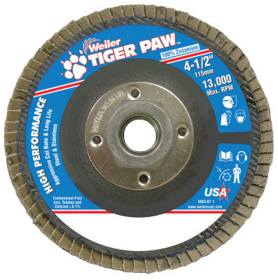 Weiler® Tiger Paw™ TY29 Coated Abrasive Flap Disc, 4-1/2",80 Grit, 5/8 Arbor, 13,000 RPM, 51126