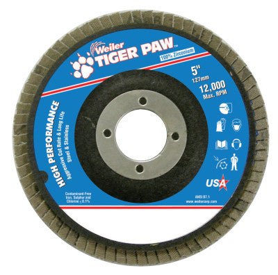 Weiler® Tiger Paw Coated Abrasive Flap Discs, 5", 40 Grit, 7/8 Arbor, Phenolic Back, 51134