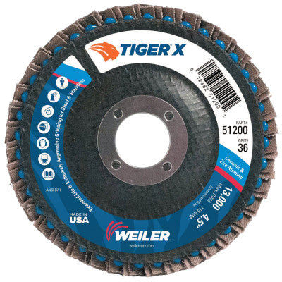 Weiler® TIGER X Flap Disc, 4 1/2 in Angled, 36 Grit, 7/8 in Arbor, 51200