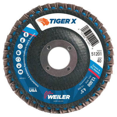 Weiler® Tiger® X Flap Disc, 4-1/2 in Angled, 40 Grit, 7/8 in Arbor, 51201
