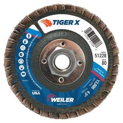 Weiler® Tiger® X Flap Disc, 4-1/2 in Flat, 80 Grit, 5/8 in - 11 Arbor, 51228