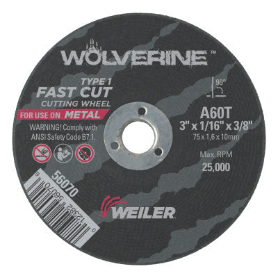 Weiler® Wolverine™ Flat Type 1 Cutting Wheel, 3 in Dia, 1/16 Thick, 3/8 Arbor, 60 Grit, 56070